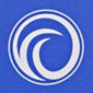 Blue circular logo with a white wave-like design